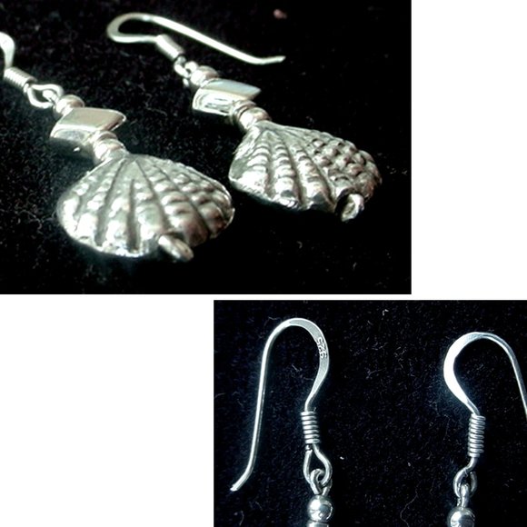 HILLTRIBE SILVER & STERLING SCALLOP SHELL EARRINGS SEASHELL 1-1/4" DROP OOAK - Picture 2 of 3